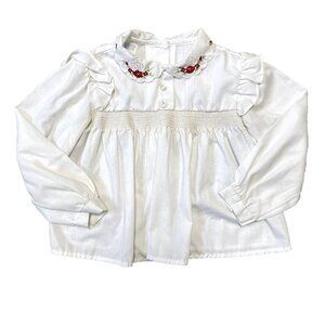 Vintage Smocked Blouse‎ Girls Size 5 White Good Hand Embroidered Floral Ruffle